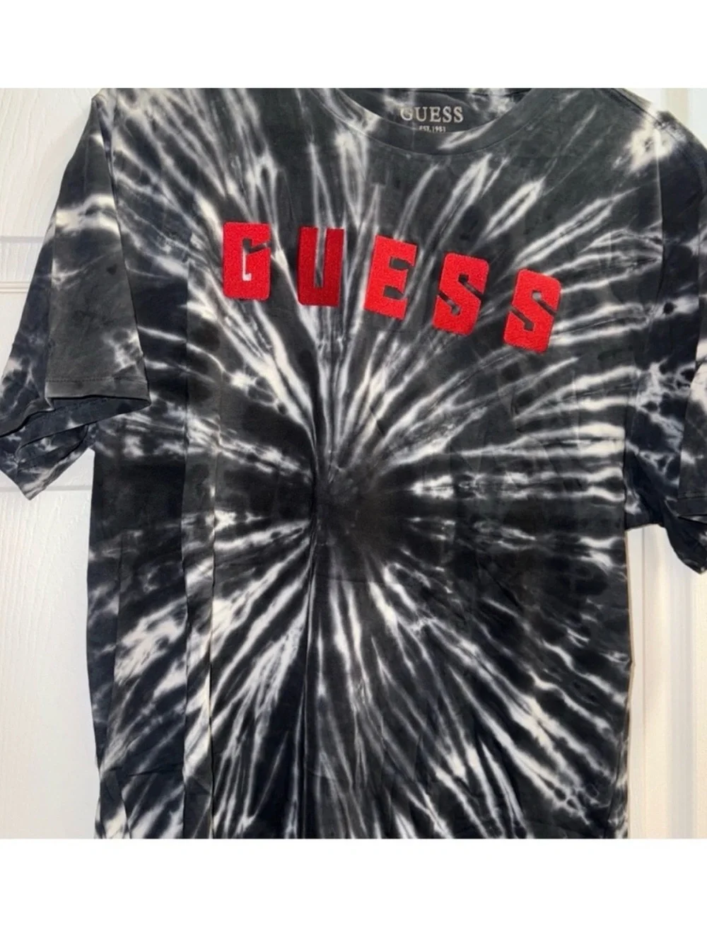 GUESS Black & White Tie-Dye Logo Tee with Red Chenille Letters - Picture 2 of 4